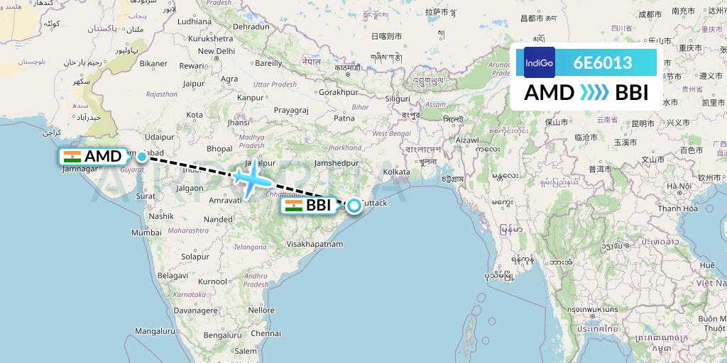 6E6013 IndiGo Airlines Flight Map: Ahmedabad to Bhubaneswar