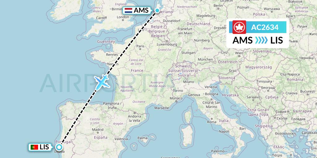 AC2634 Air Canada Flight Map: Amsterdam to Lisbon