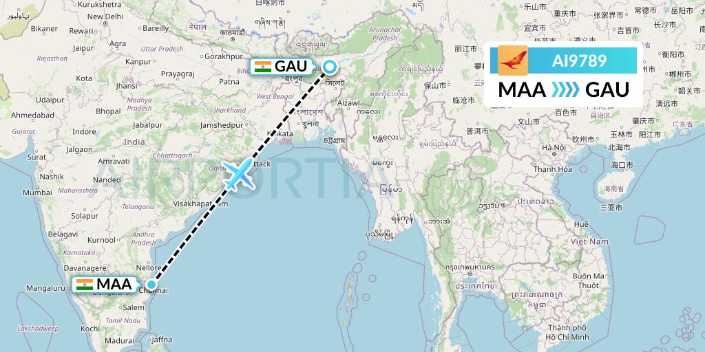 AI9789 Air India Flight Map: Chennai to Guwahati