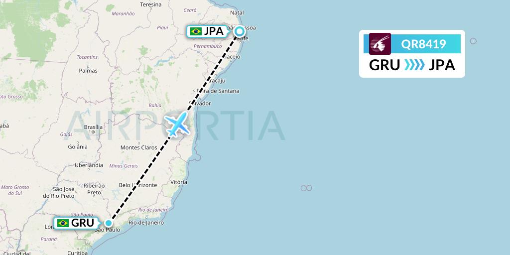 QR8419 Qatar Airways Flight Map: Sao Paulo to Joao Pessoa