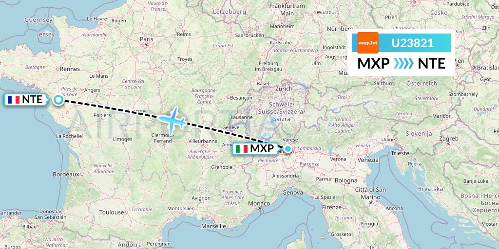 U23821 EasyJet Flight Map: Milan to Nantes