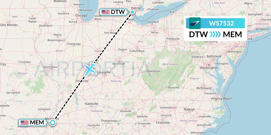 WS7532 WestJet Flight Map: Detroit to Memphis