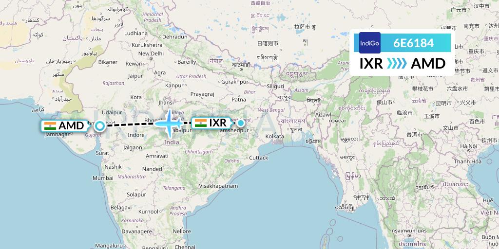 6E6184 IndiGo Airlines Flight Map: Ranchi to Ahmedabad
