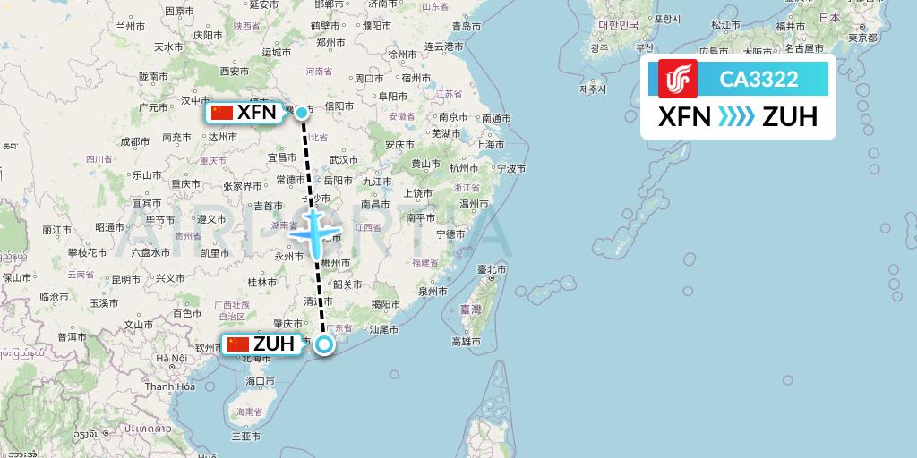 CA3322 Air China Flight Map: Xiangyang to Zhuhai