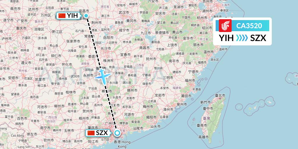 CA3520 Air China Flight Map: Yichang to Shenzhen