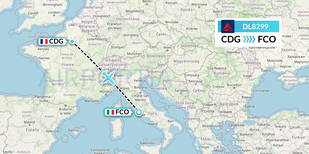 DL8299 Delta Air Lines Flight Map: Paris to Rome