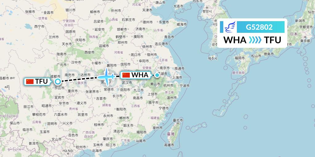 G52802 China Express Airlines Flight Map: Wuhu to Chengdu