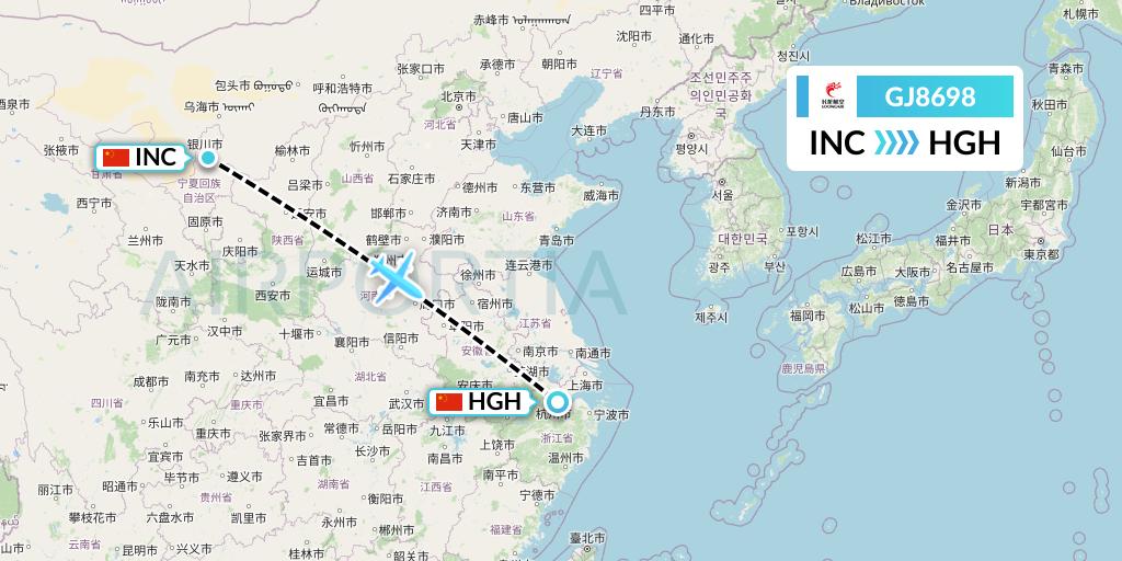 GJ8698 Loong Airlines Flight Map: Yinchuan to Hangzhou