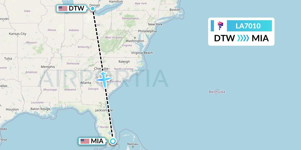 LA7010 LAN Airlines Flight Map: Detroit to Miami