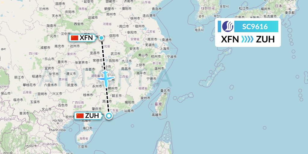 SC9616 Shandong Airlines Flight Map: Xiangyang to Zhuhai