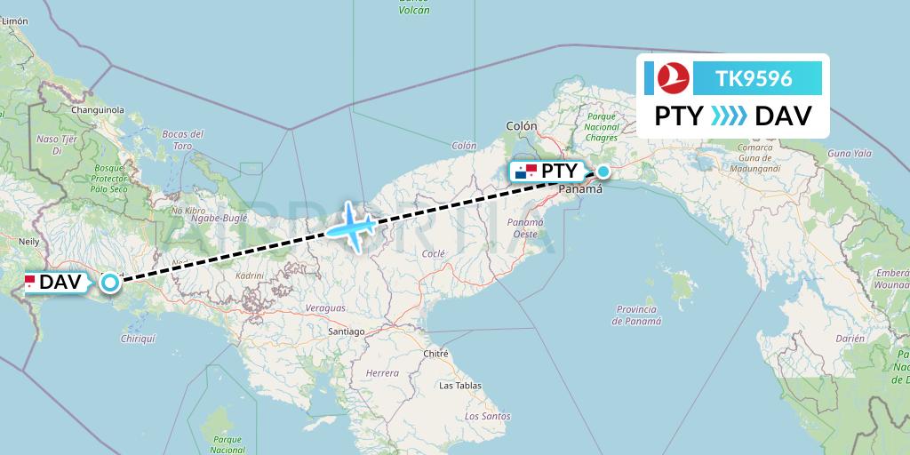 TK9596 Turkish Airlines Flight Map: Panama City to David