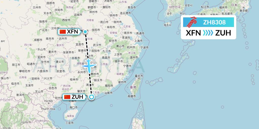 ZH8308 Shenzhen Airlines Flight Map: Xiangyang to Zhuhai