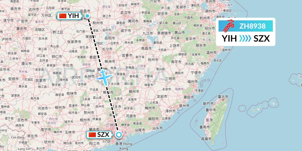 ZH8938 Shenzhen Airlines Flight Map: Yichang to Shenzhen