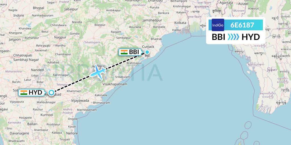 6E6187 IndiGo Airlines Flight Map: Bhubaneswar to Hyderabad