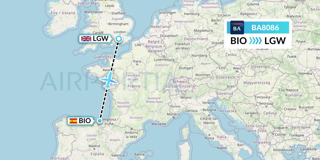 BA8086 British Airways Flight Map: Bilbao to London