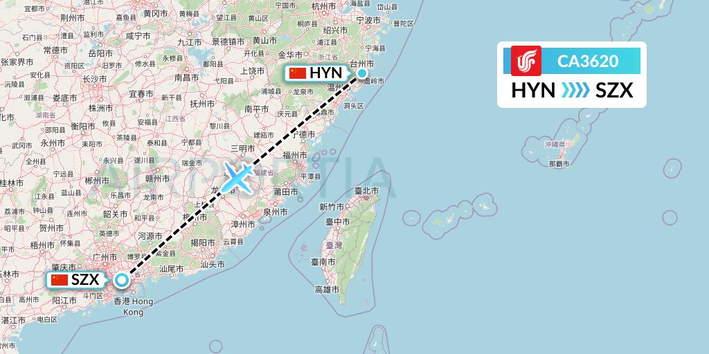 CA3620 Air China Flight Map: Huangyan to Shenzhen