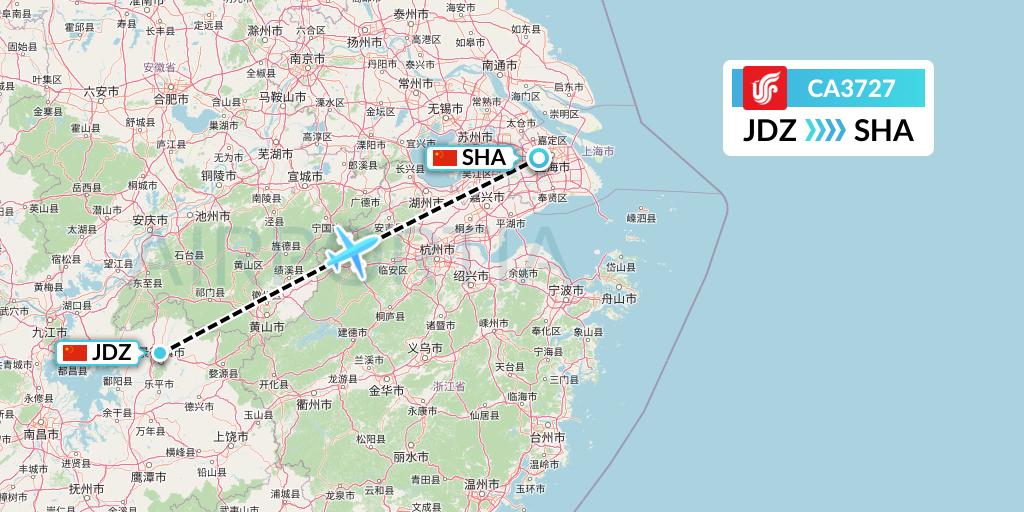 CA3727 Air China Flight Map: Jingdezhen to Shanghai