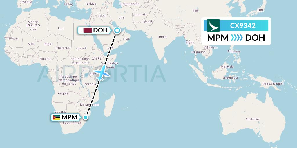 CX9342 Cathay Pacific Flight Map: Maputo to Doha
