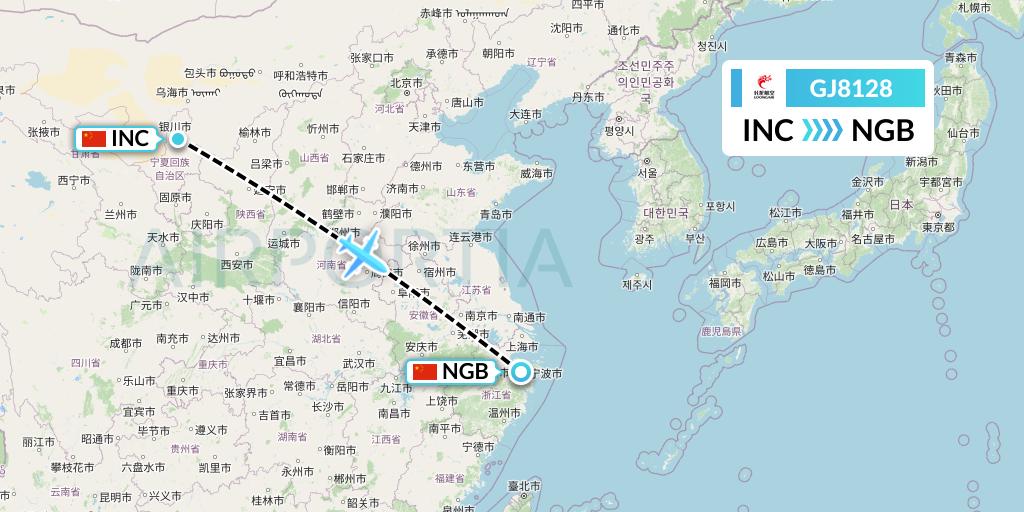 GJ8128 Loong Airlines Flight Map: Yinchuan to Ningbo