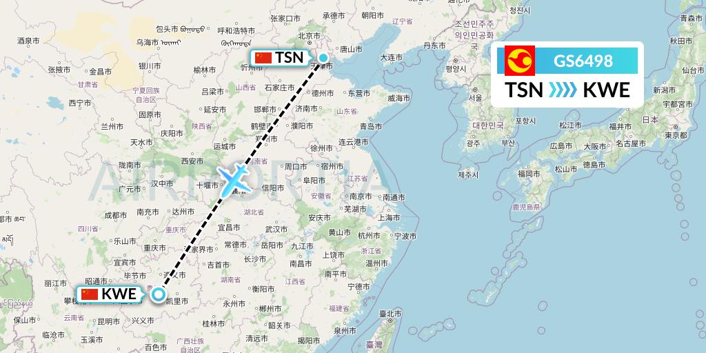 GS6498 Tianjin Airlines Flight Map: Tianjin to Guiyang
