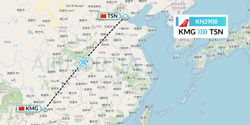 KN2908 China United Airlines Flight Map: Kunming to Tianjin