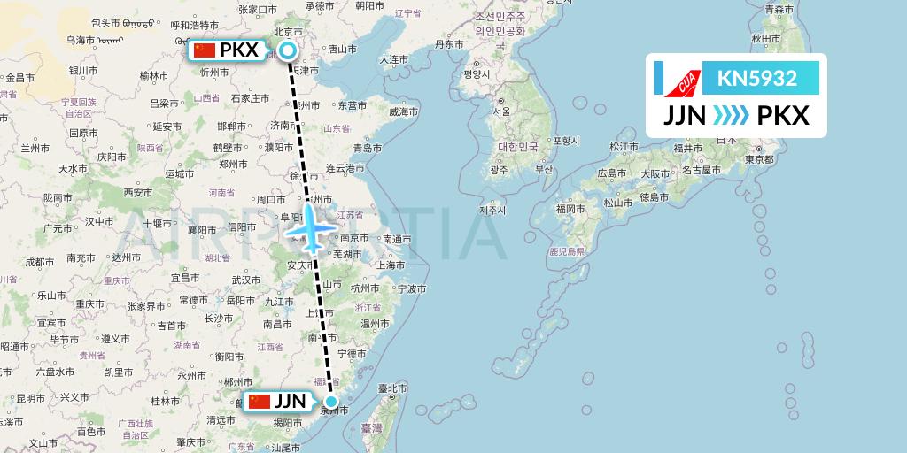 KN5932 China United Airlines Flight Map: Jinjiang to Beijing