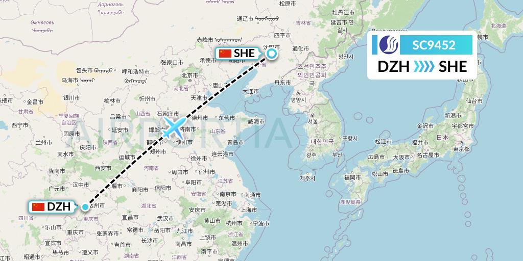 SC9452 Shandong Airlines Flight Map: Dazhou to Shenyang