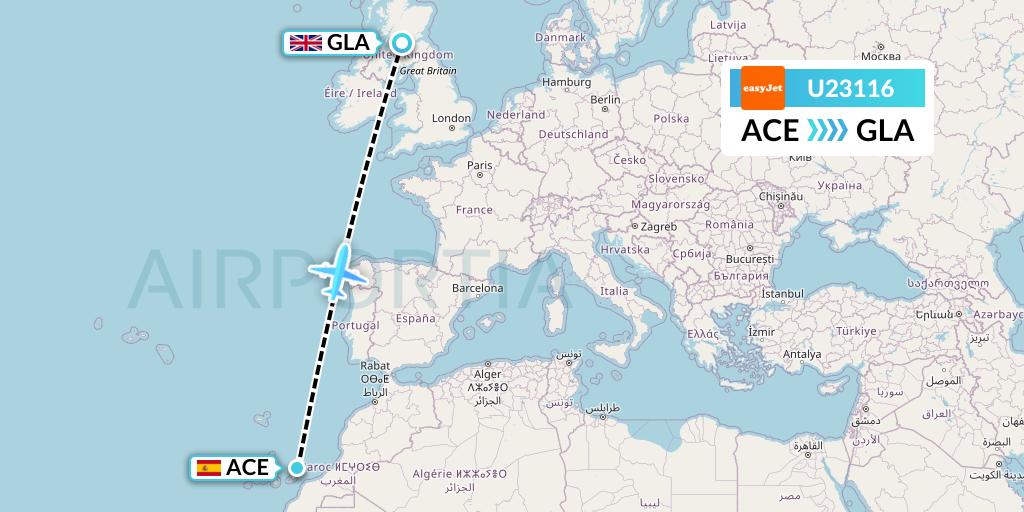 U23116 EasyJet Flight Map: Lanzarote to Glasgow