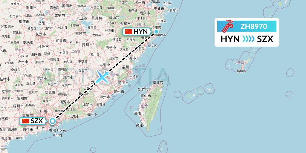 ZH8970 Shenzhen Airlines Flight Map: Huangyan to Shenzhen