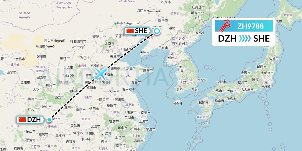 ZH9788 Shenzhen Airlines Flight Map: Dazhou to Shenyang