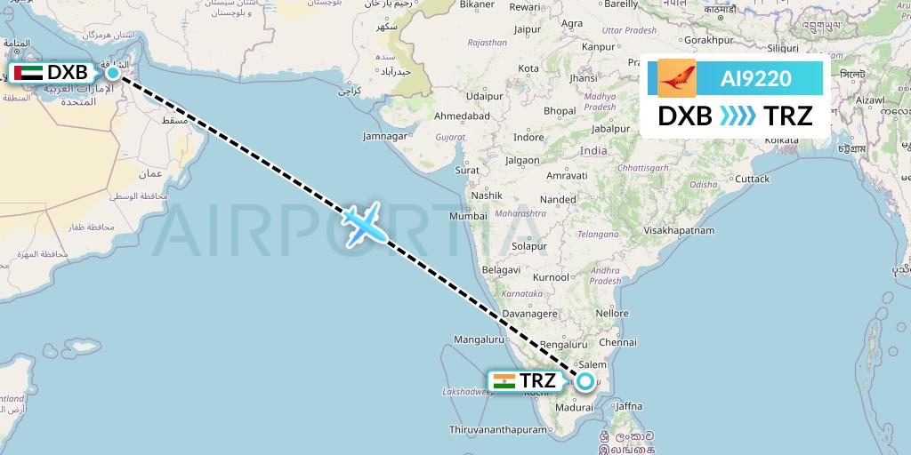 AI9220 Air India Flight Map: Dubai to Tiruchirapalli