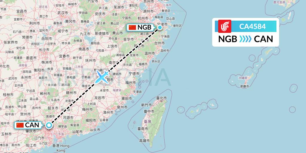 CA4584 Air China Flight Map: Ningbo to Guangzhou