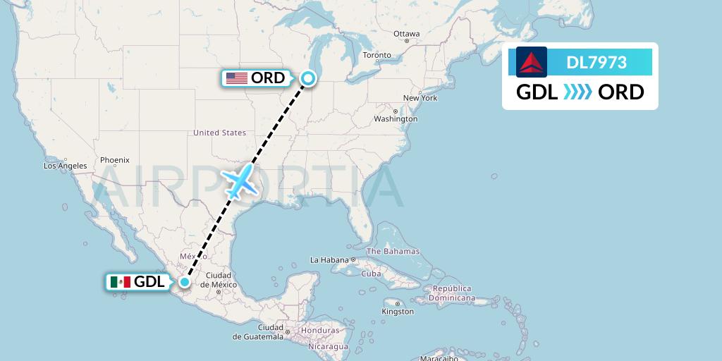 DL7973 Delta Air Lines Flight Map: Guadalajara to Chicago