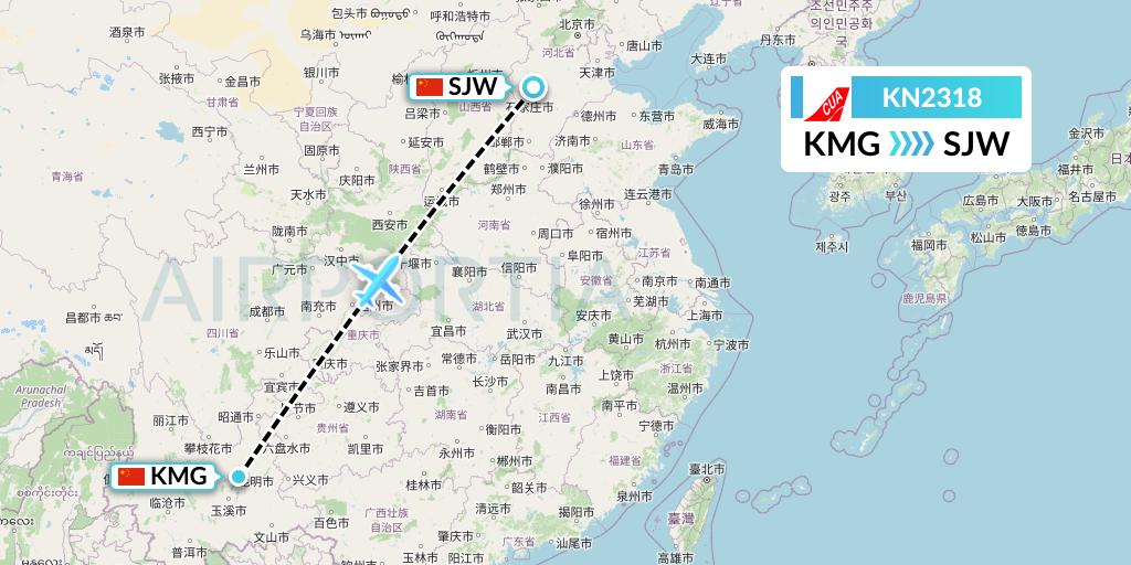 KN2318 China United Airlines Flight Map: Kunming to Shijiazhuang