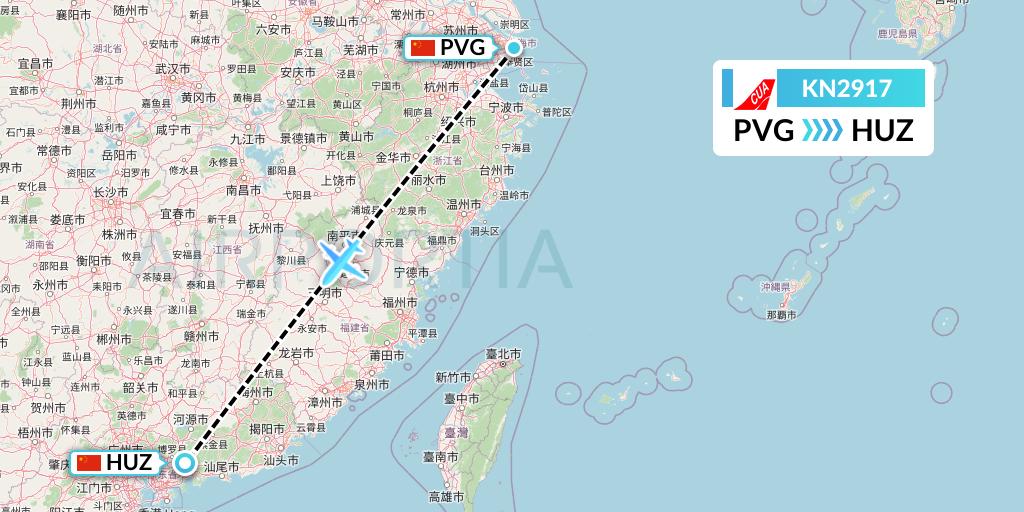 KN2917 China United Airlines Flight Map: Shanghai to Huizhou