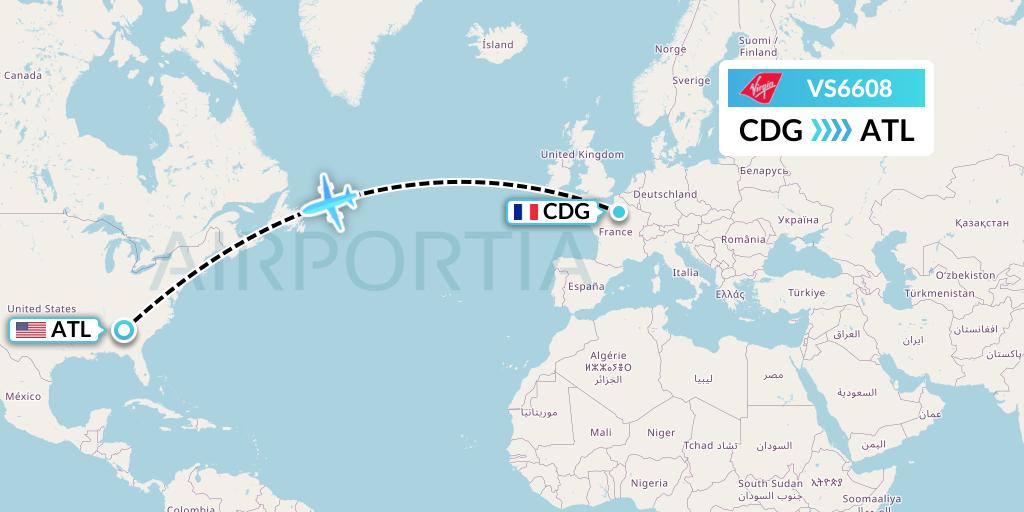 VS6608 Virgin Atlantic Airways Flight Map: Paris to Atlanta