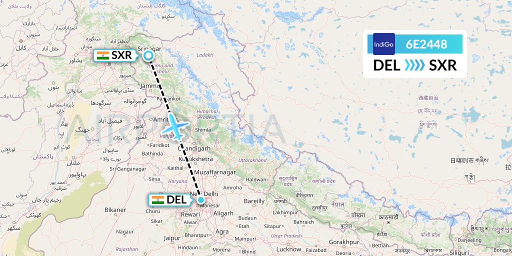 6E2448 IndiGo Airlines Flight Map: Delhi to Srinagar