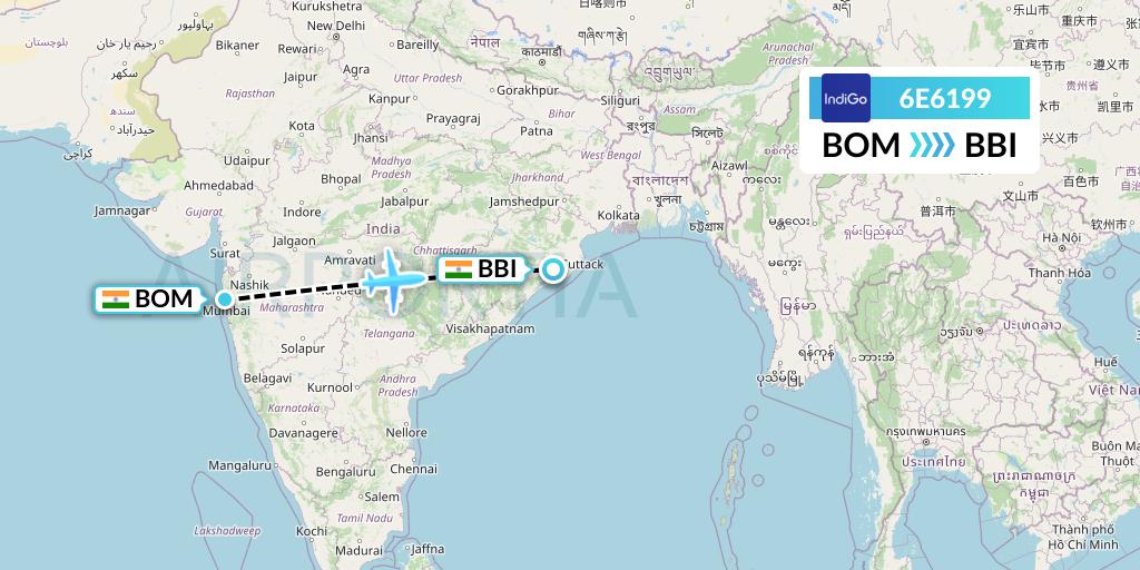 6E6199 IndiGo Airlines Flight Map: Mumbai to Bhubaneswar