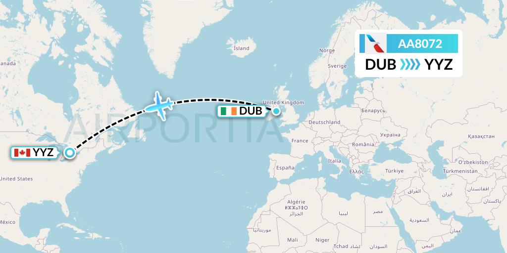 AA8072 American Airlines Flight Map: Dublin to Toronto
