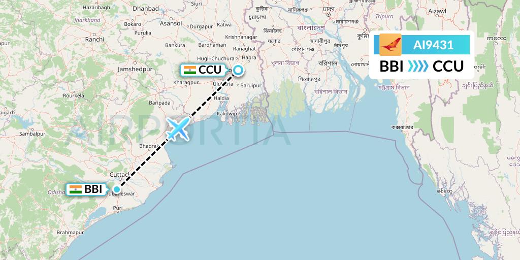 AI9431 Air India Flight Map: Bhubaneswar to Kolkata