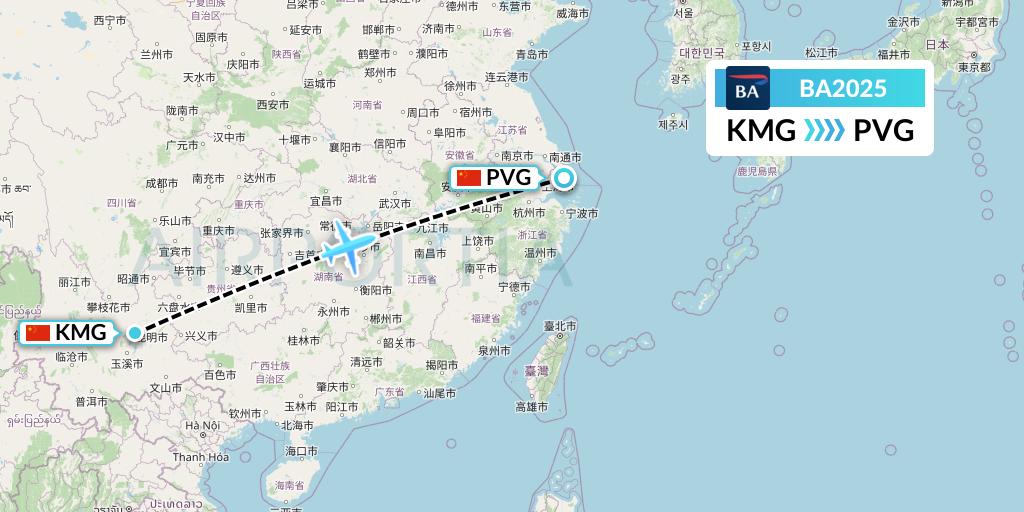 BA2025 British Airways Flight Map: Kunming to Shanghai