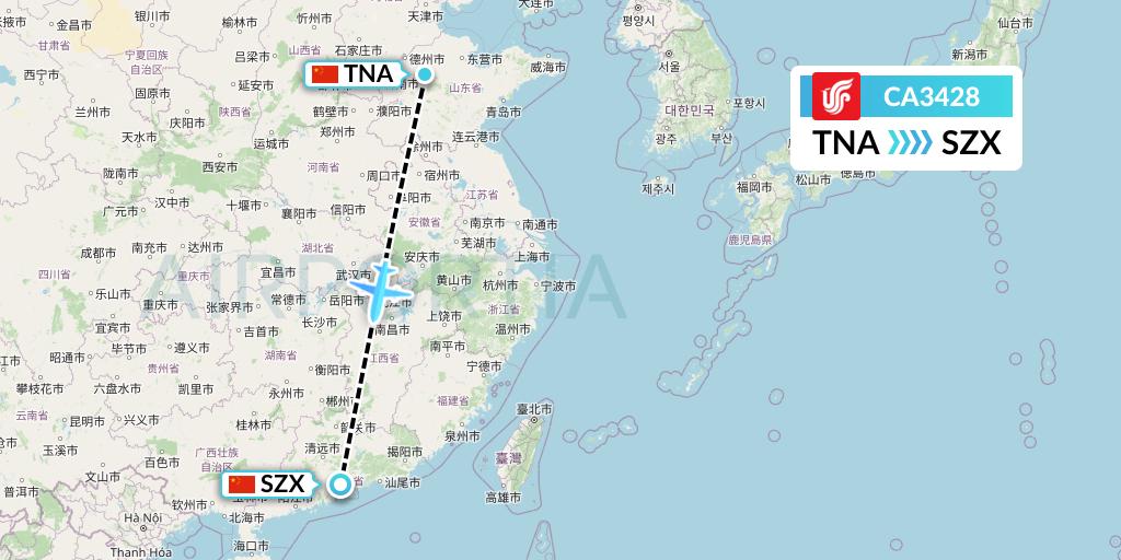 CA3428 Air China Flight Map: Jinan to Shenzhen