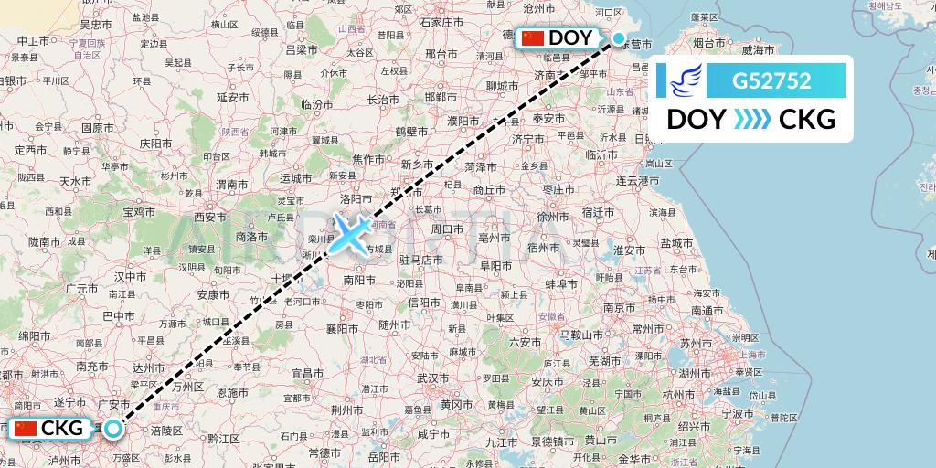 G52752 China Express Airlines Flight Map: Dongying to Chongqing