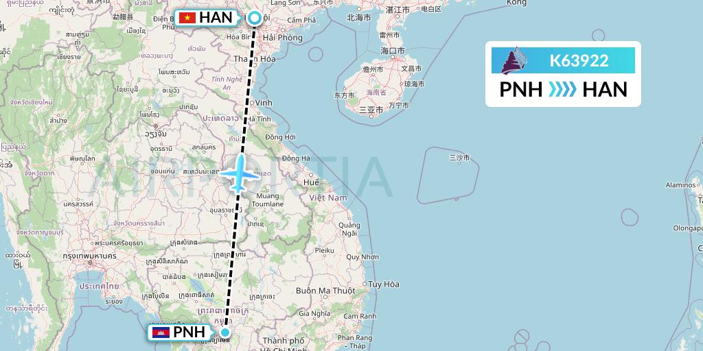 K63922 Cambodia Angkor Air Flight Map: Phnom Penh to Hanoi