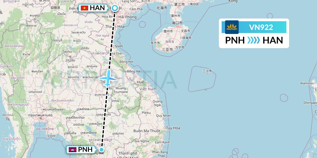 VN922 Vietnam Airlines Flight Map: Phnom Penh to Hanoi
