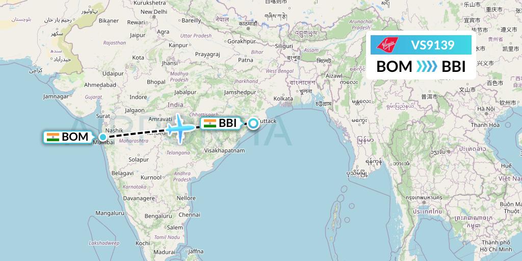 VS9139 Virgin Atlantic Airways Flight Map: Mumbai to Bhubaneswar