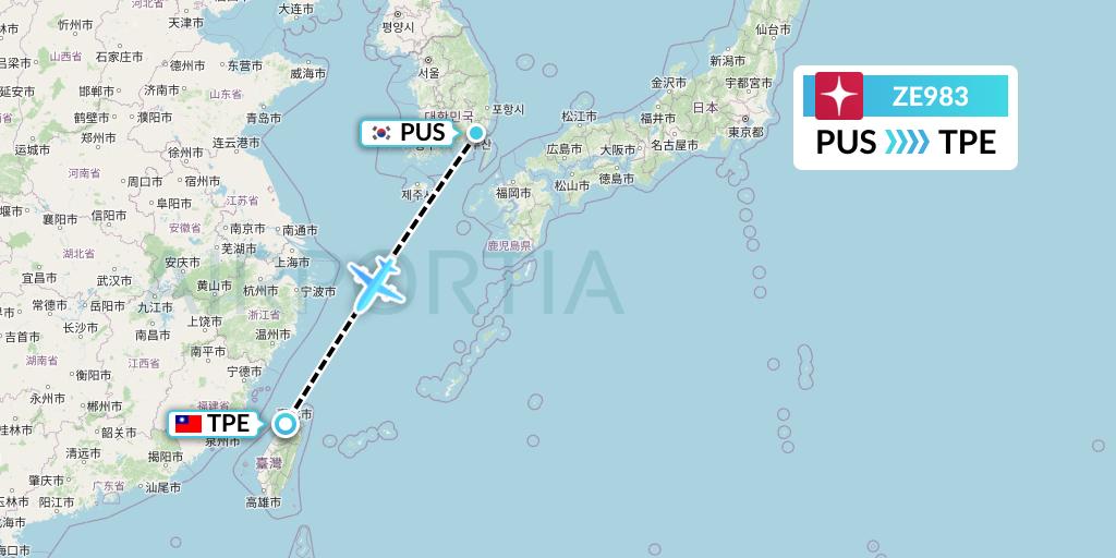 ZE983 Eastar Jet Flight Map: Busan to Taipei
