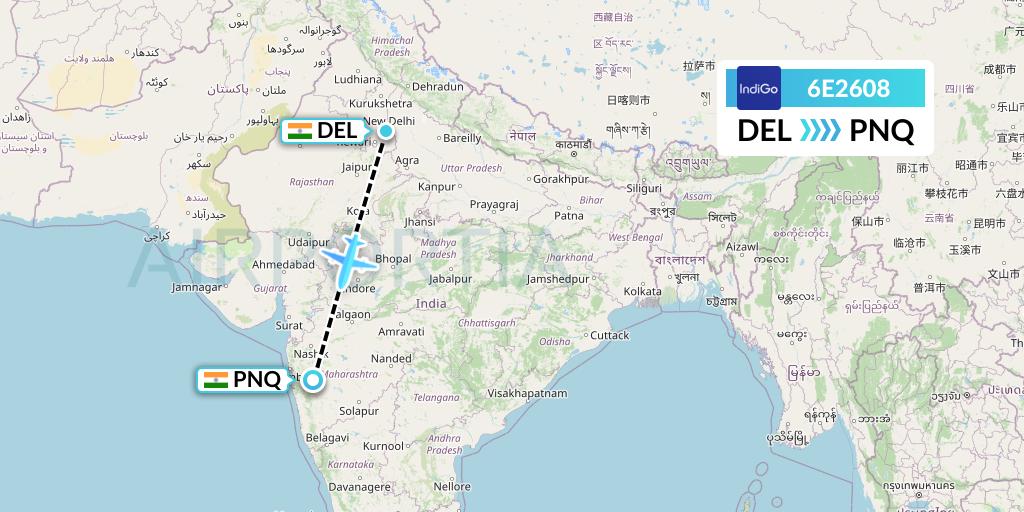 6E2608 IndiGo Airlines Flight Map: Delhi to Pune