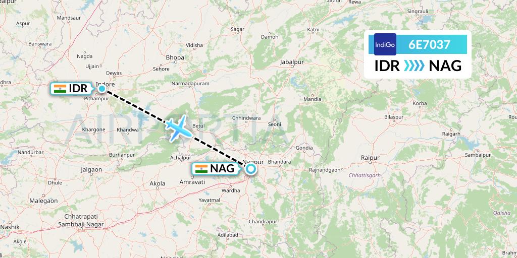 6E7037 IndiGo Airlines Flight Map: Indore to Nagpur