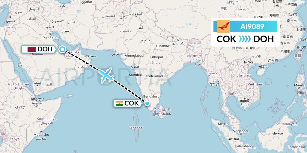 AI9089 Air India Flight Map: Cochin to Doha